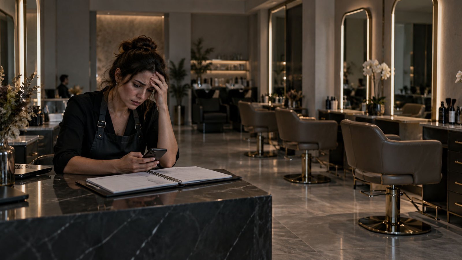 Empty dull salon with stressed owner